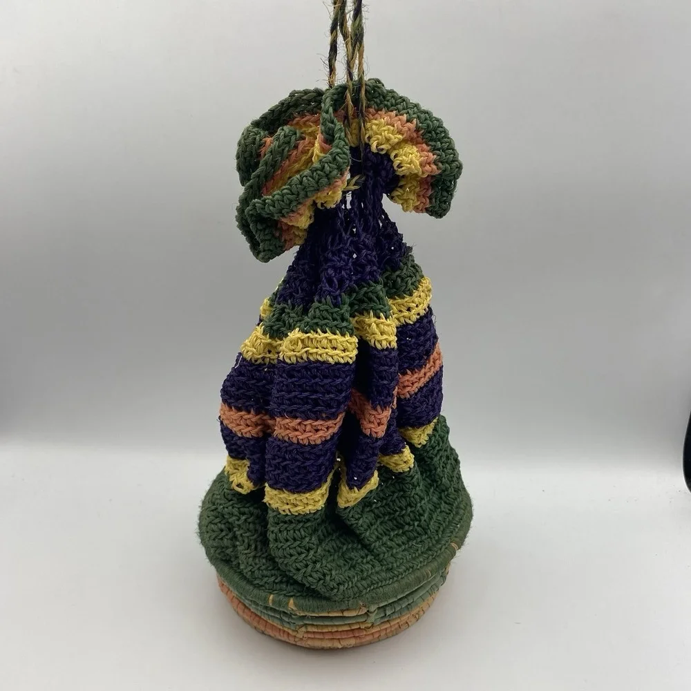 Vintage Woven Crochet Tortilla? Basket Multicolor Drawstring Closure 6